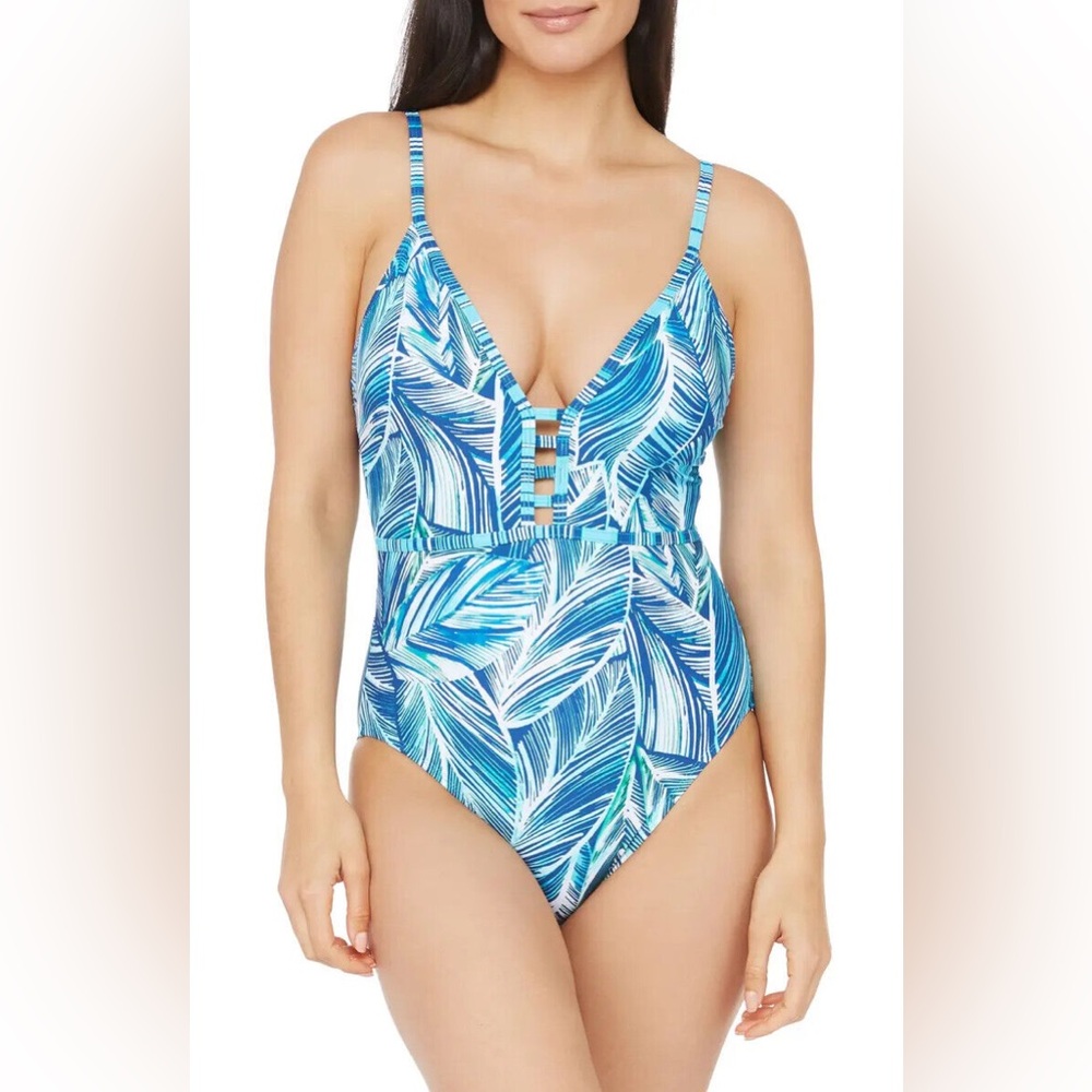 New La Blanca Blue Printed Sketched Lace One Piece Swim Suit Size 12